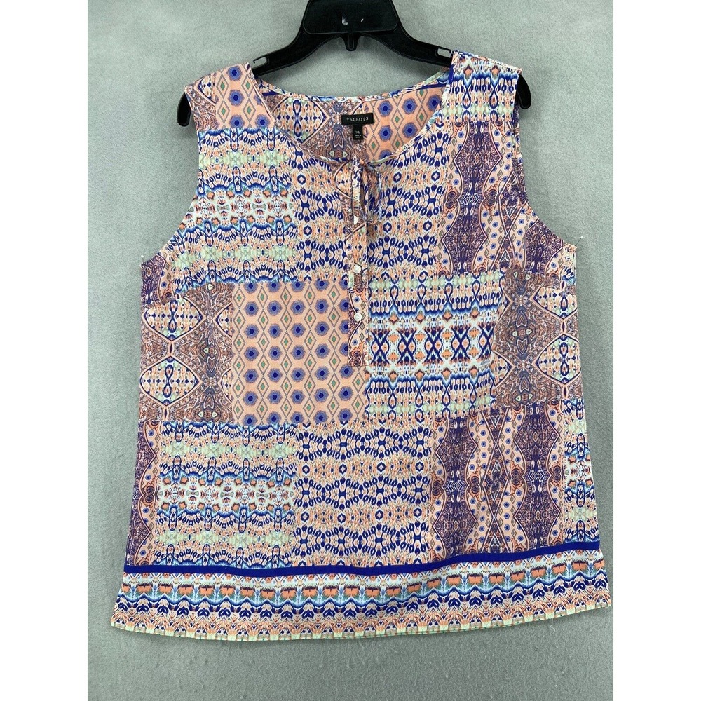 Talbots Shirt Women Sz XL White Blue Patchwork Lightweight Button Sleeveless‎